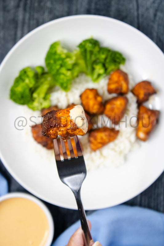 Semi-Exclusive Air Fryer Salmon Bites on Weathered Wood