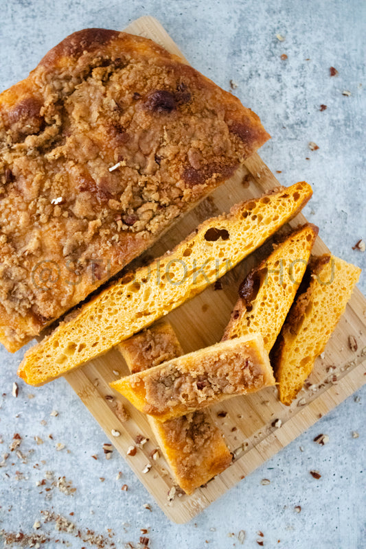 Semi-Exclusive Sweet Potato Focaccia on concrete