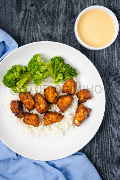 Semi-Exclusive Air Fryer Salmon Bites on Weathered Wood