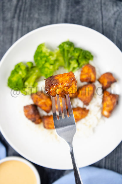 Semi-Exclusive Air Fryer Salmon Bites on Weathered Wood