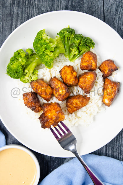 Semi-Exclusive Air Fryer Salmon Bites on Weathered Wood