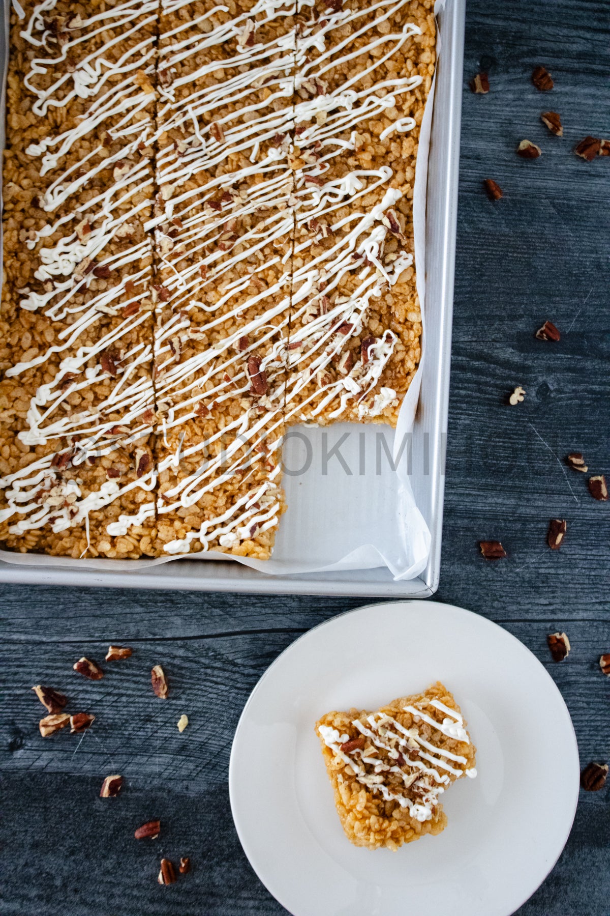 Semi-Exclusive Sweet Potato Rice Krispy Treats on Weathered Wood