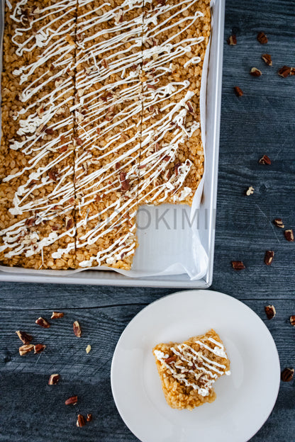 Semi-Exclusive Sweet Potato Rice Krispy Treats on Weathered Wood