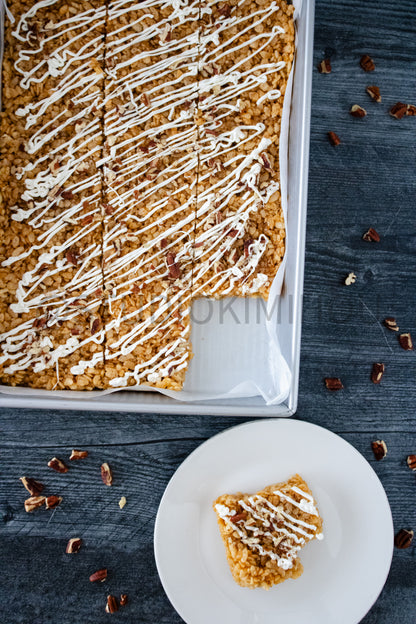 Semi-Exclusive Sweet Potato Rice Krispy Treats on Weathered Wood