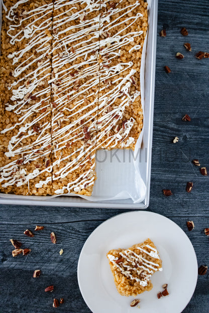 Semi-Exclusive Sweet Potato Rice Krispy Treats on Weathered Wood
