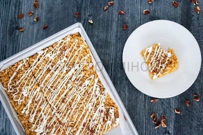 Semi-Exclusive Sweet Potato Rice Krispy Treats on Weathered Wood