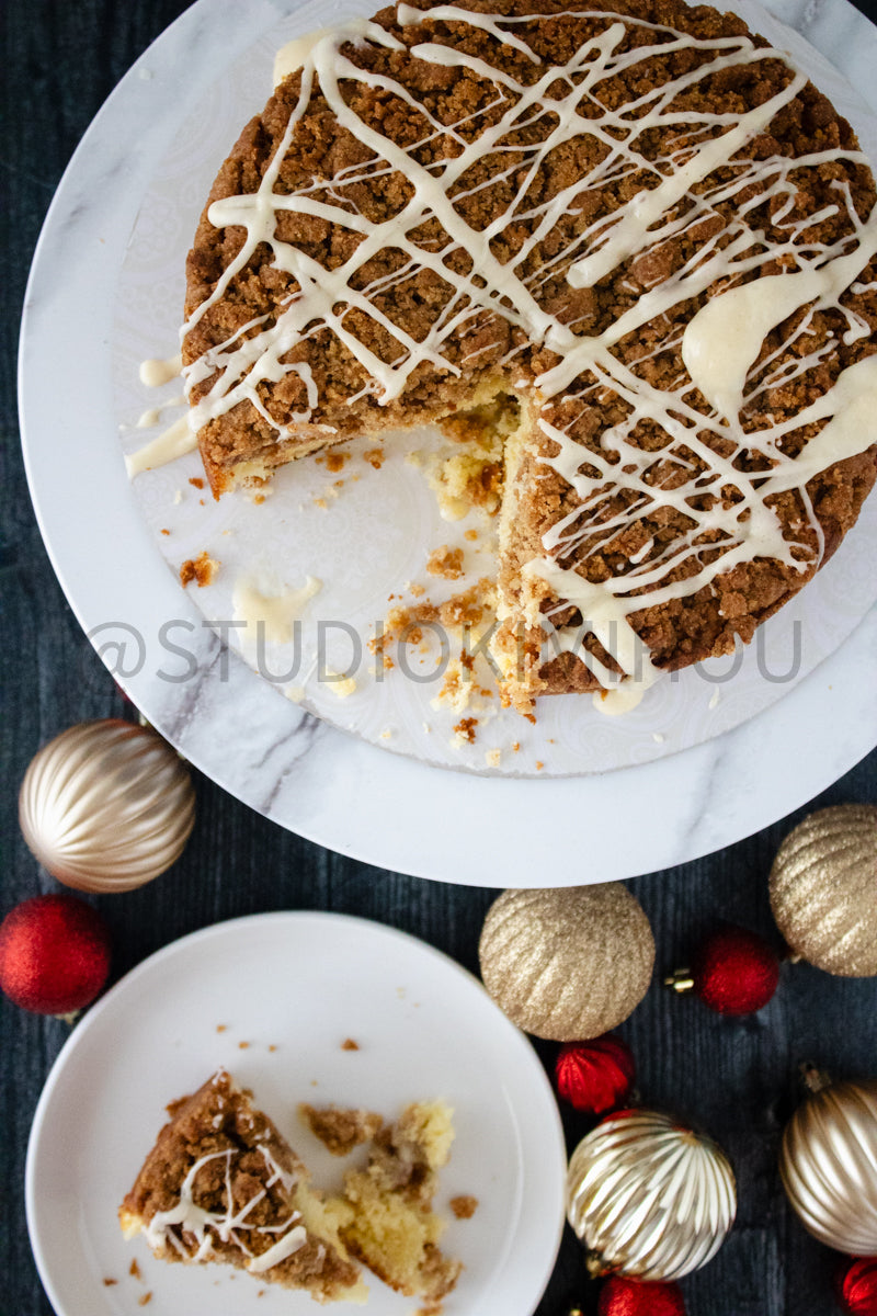 Semi-Exclusive Eggnog Coffee Cake on Weathered Wood