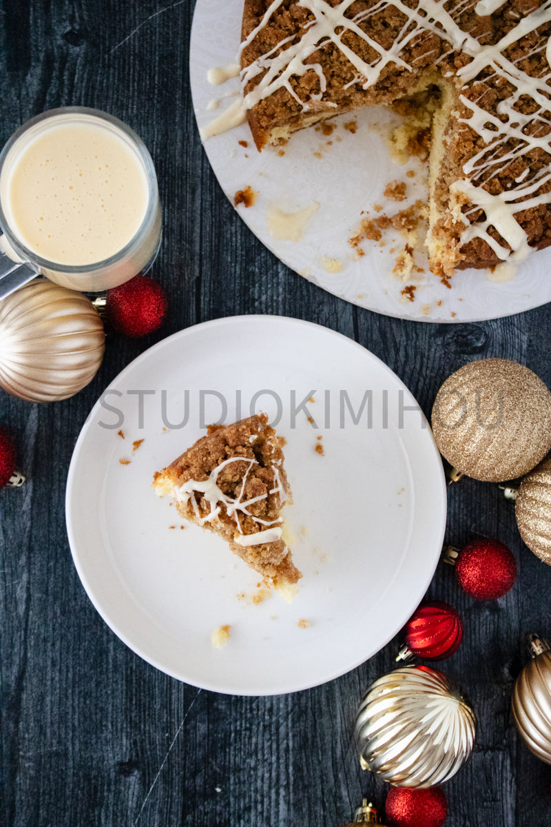 Semi-Exclusive Eggnog Coffee Cake on Weathered Wood
