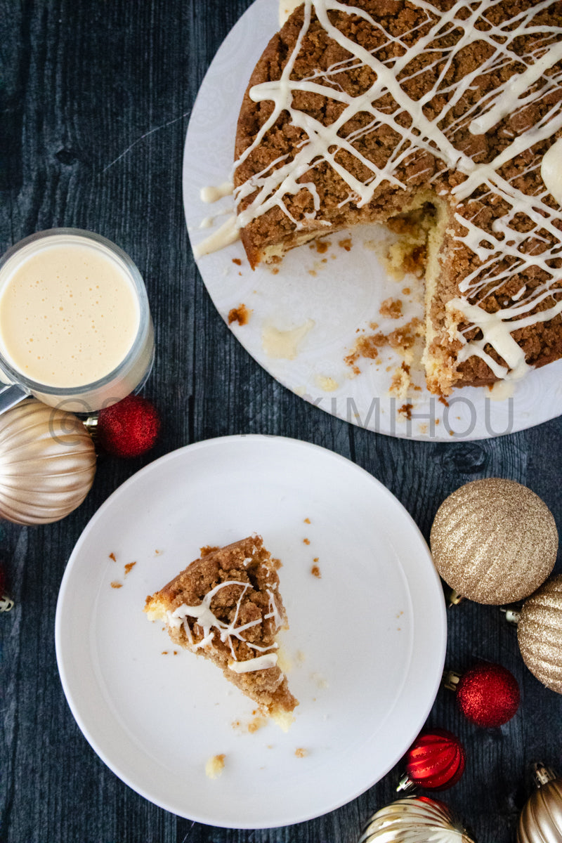 Semi-Exclusive Eggnog Coffee Cake on Weathered Wood