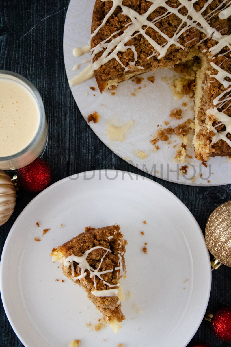 Semi-Exclusive Eggnog Coffee Cake on Weathered Wood